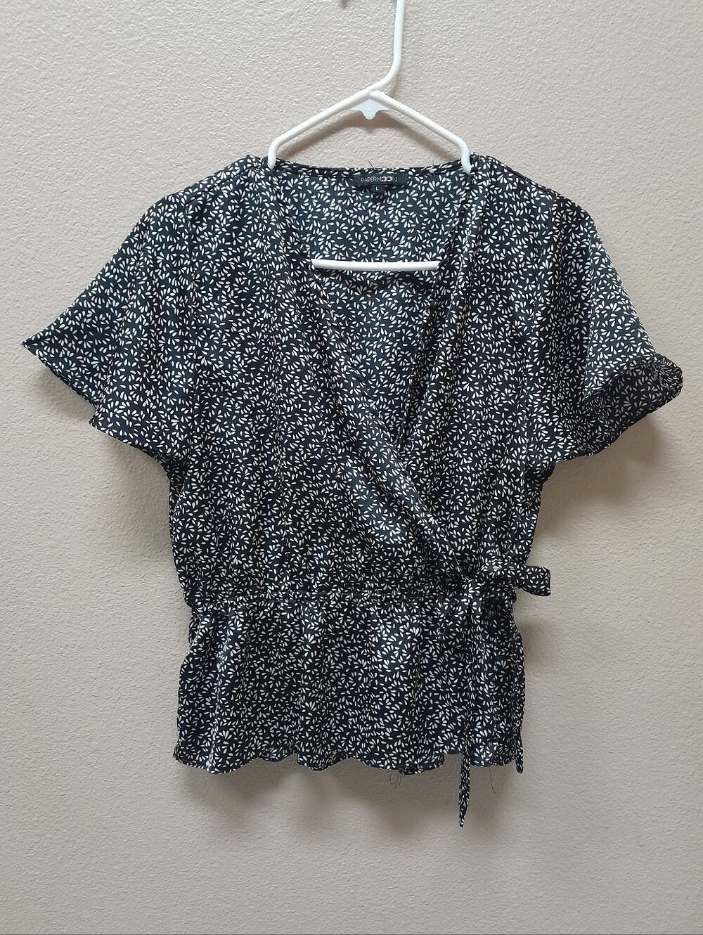 Papermoon Women's Elegant Black Wrap Blouse with White Print Size:L
